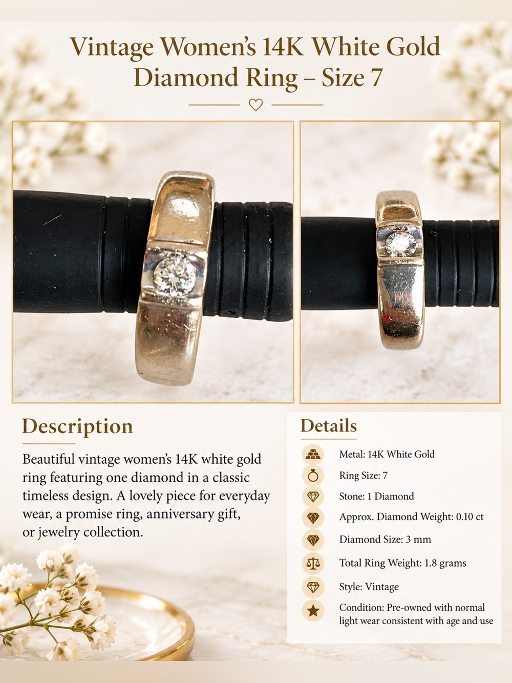 Women’s Vintage 14K White Gold Vintage .10k Diamond Ring – Size 7